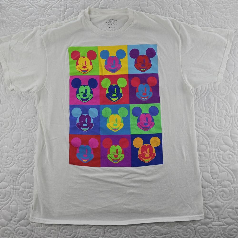 Disney Mickey Mouse Pop Art Graphic Tee White Colorful Grid Shirt Size Large